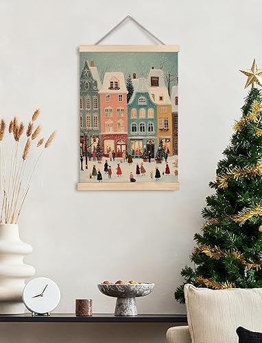 Miniatura 2 de GDJIEGBC Decoración de pared retro de ciudad navideña, bonita decoración de Navidad, pueblo de calle nevada, acogedor póster de vacaciones de