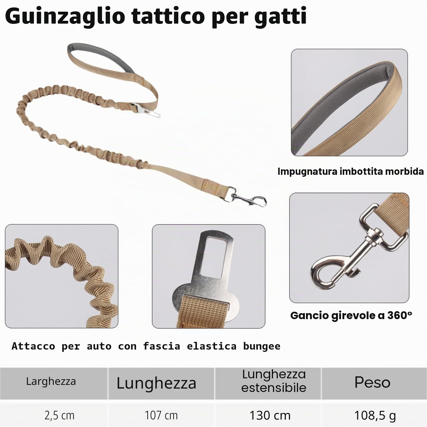 Set di pettorina tattica per gatti e guinzaglio, a prova di fuga, regolabile, con toppe, morbida imbottitura in rete, manico in gomma, facile da controllare (imbracatura e guinzaglio kaki)