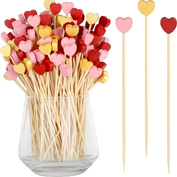 Heart Cocktail Picks, 4.7 IN Toothpicks for Appetizers Food Drinks, Bamboo Fruit Skewers Wooden Charcuterie Sticks, Valentines Galentines Mothers Day Party Decorations Wedding Decor Red/Pink/Gold