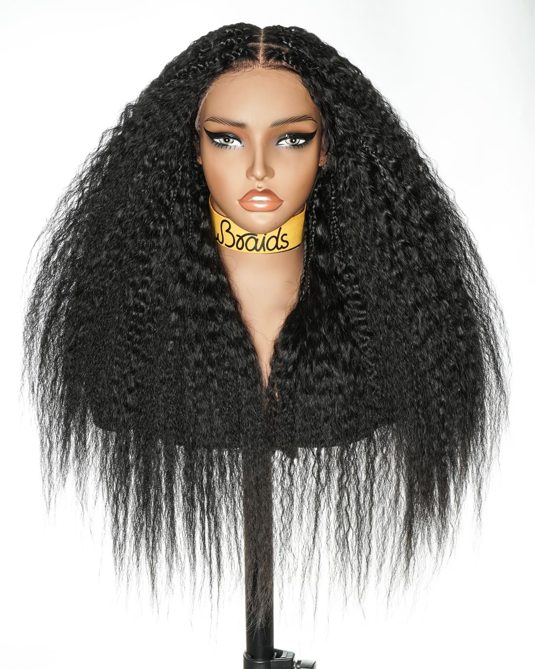 26 Inch Kinky Straight Boho Braided Wig for Black Women, Ultra Full Density Glueless Wig, Swiss HD Full Lace, 360 Pre-Cut HD Lace, Drawstring & Combs - Black 1B