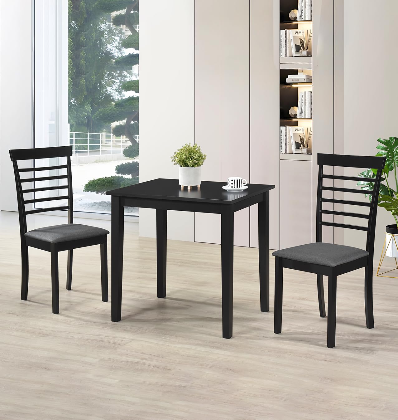 Hallowood Furniture Ledbury Small Dining Table and Chairs Set for 2, Wooden Space Saving Table and Chairs in Light Grey Fabric, Ladder Back and Black Finish for Kitchen or Dining Room Set