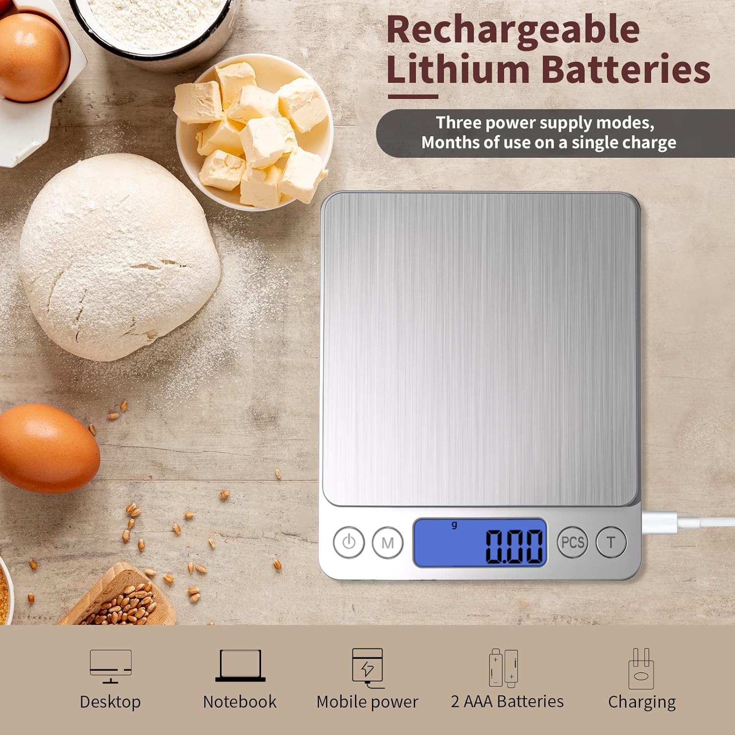 MEIYA Báscula digital de gramos de 1000 g/0,01 g, báscula para alimentos onzas y gramos, báscula de cocina de carga USB actualizada, peso digital para cocinar, hornear, función de tara, 9 unidades, 2