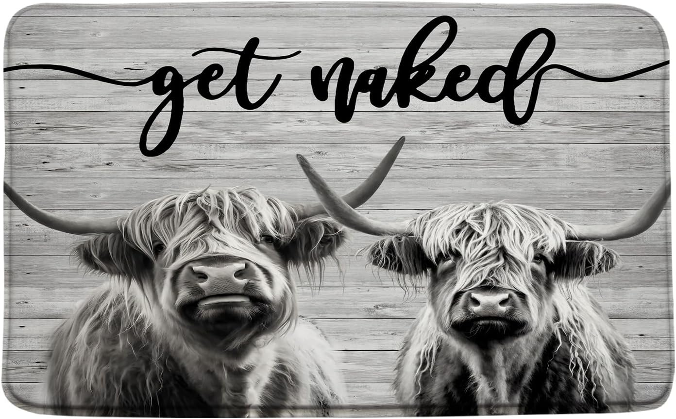 Sunhe Farmhouse Highland Cow Bath Mat Get Naked Western Funny Farm Animal Portrait of Longhorn Bull Rustic Print Microfiber Memory Foam Soft Doormat Kitchen Bathroom Mat/Rugs,24"x60"