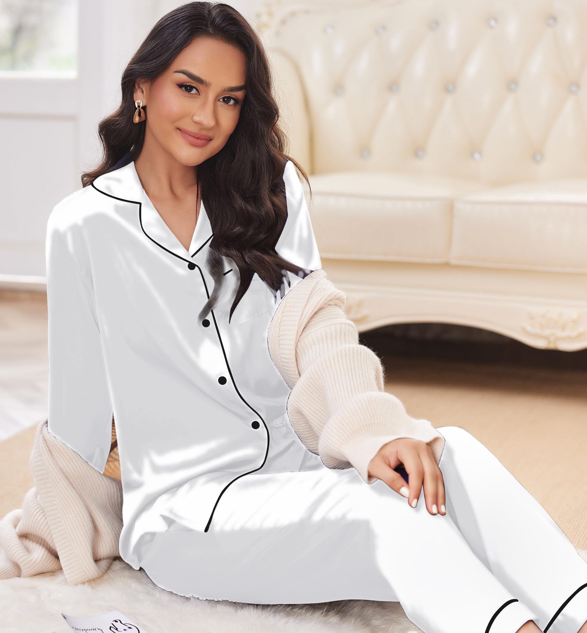 Ekouaer Pigiama da Donna in Raso Indumenti da Notte in Due Pezzi Pigiama a Maniche Lunghe Set Completo per Il Tempo Libero Pigiama Morbido Indumenti da Notte Comodi