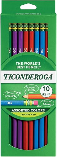 TICONDEROGA Pencils, Wood-Cased Graphite, #2 HB Soft, Pre-Sharpened, Assorted Color Barrels, Black Lead, 10-Pack (13932)