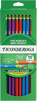 TICONDEROGA Pencils, Wood-Cased Graphite, #2 HB Soft, Pre-Sharpened, Assorted Color Barrels, Black Lead, 10-Pack 13932