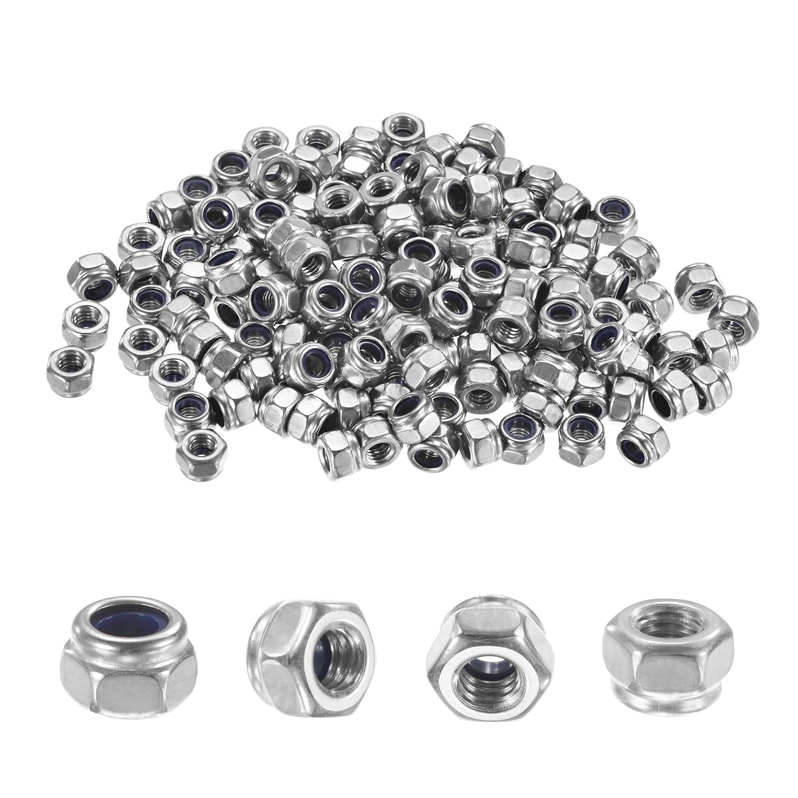 100-Pack Nylon Insert Hex Lock Nuts, M4 x 0.7mm Thread 304 Stainless Steel Self-Locking Locknuts Hexagon Nut Metric Nuts for Machinery/Home Repair/Industrial Fasteners