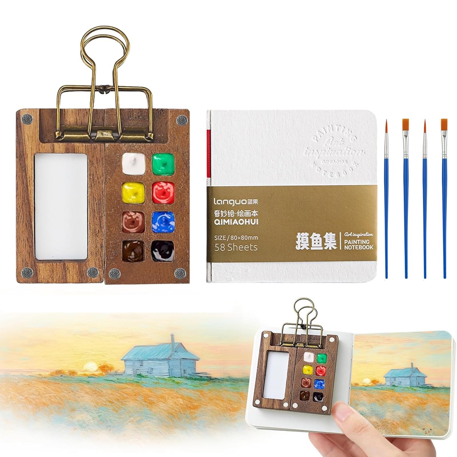 Bytleoutj No 7 Pcs Pocket Artist Watercolour Travel Set - 8 Grids Travel Watercolour Paint Set Portable For Travel With Foldable Wooden Palette, Sketchbook, Brush