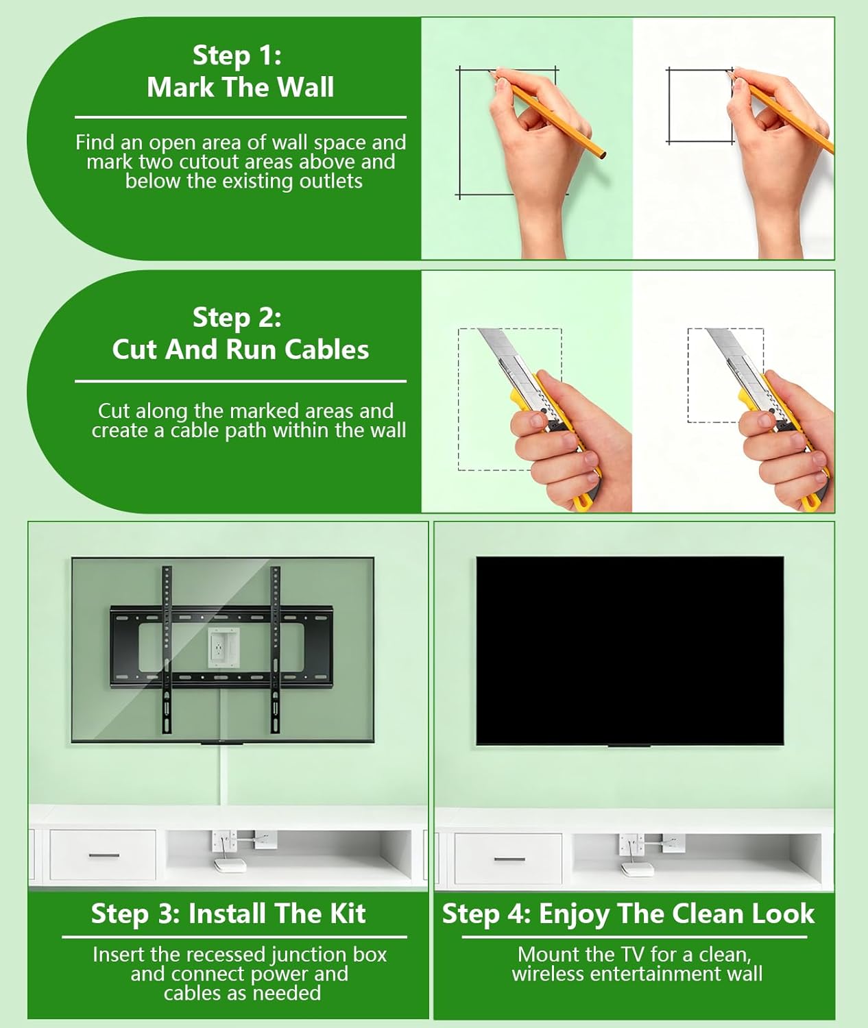 Mount-It! in-Wall TV Cable Management Kit with Recessed Power - Triple Outlet, Hand Saw - Easy, Safe TV Outlet Wall Kit and TV Cable Hider Behind Wall