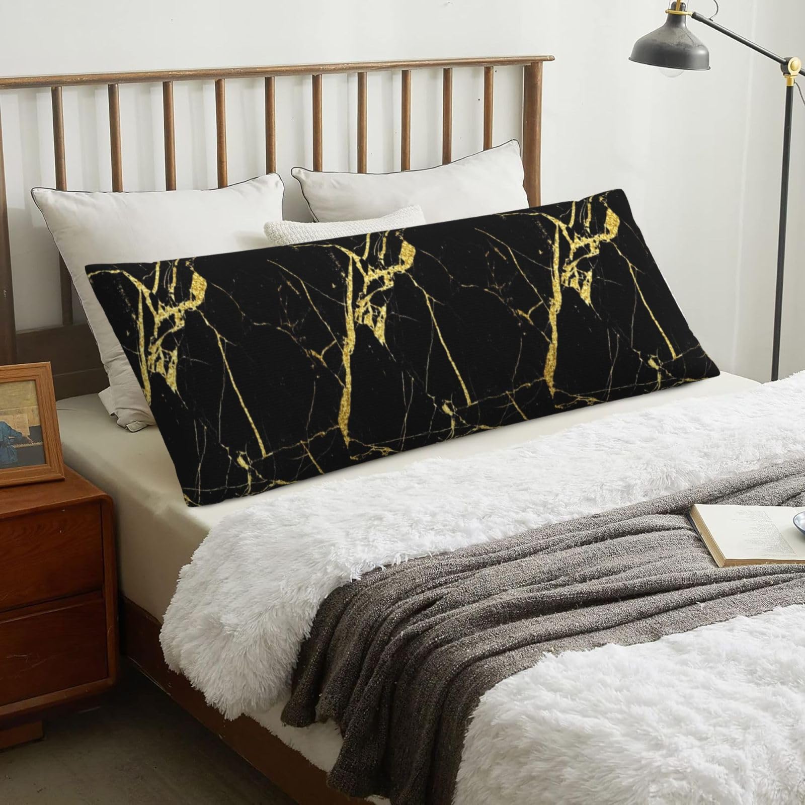 Gold Black Wallpaper Printed, Body Pillow Cover with Zipper,Long Body Pillowcase 20 x 60 in