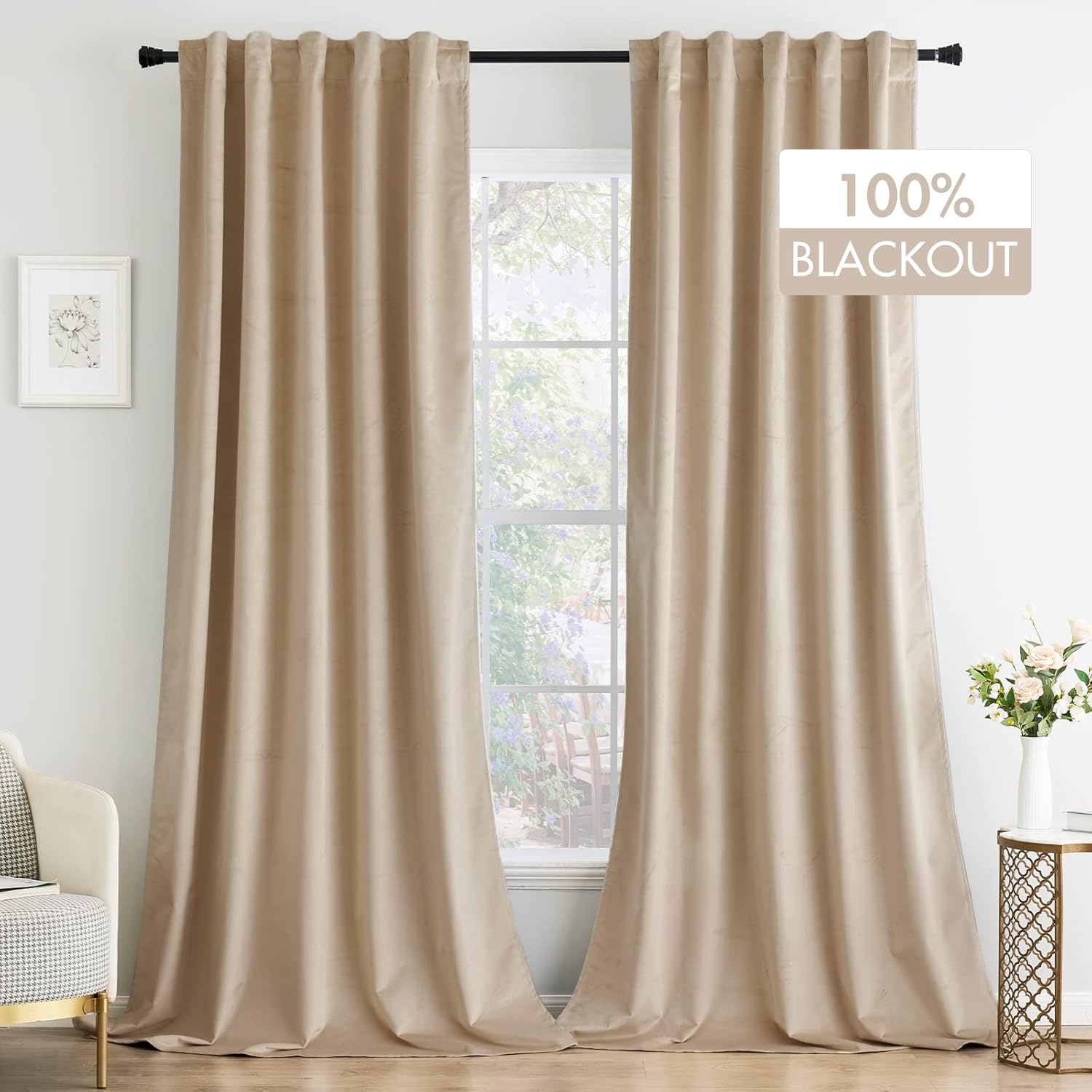 MIULEE 100 Blackout Velvet Curtains 108 Inches Long Beige