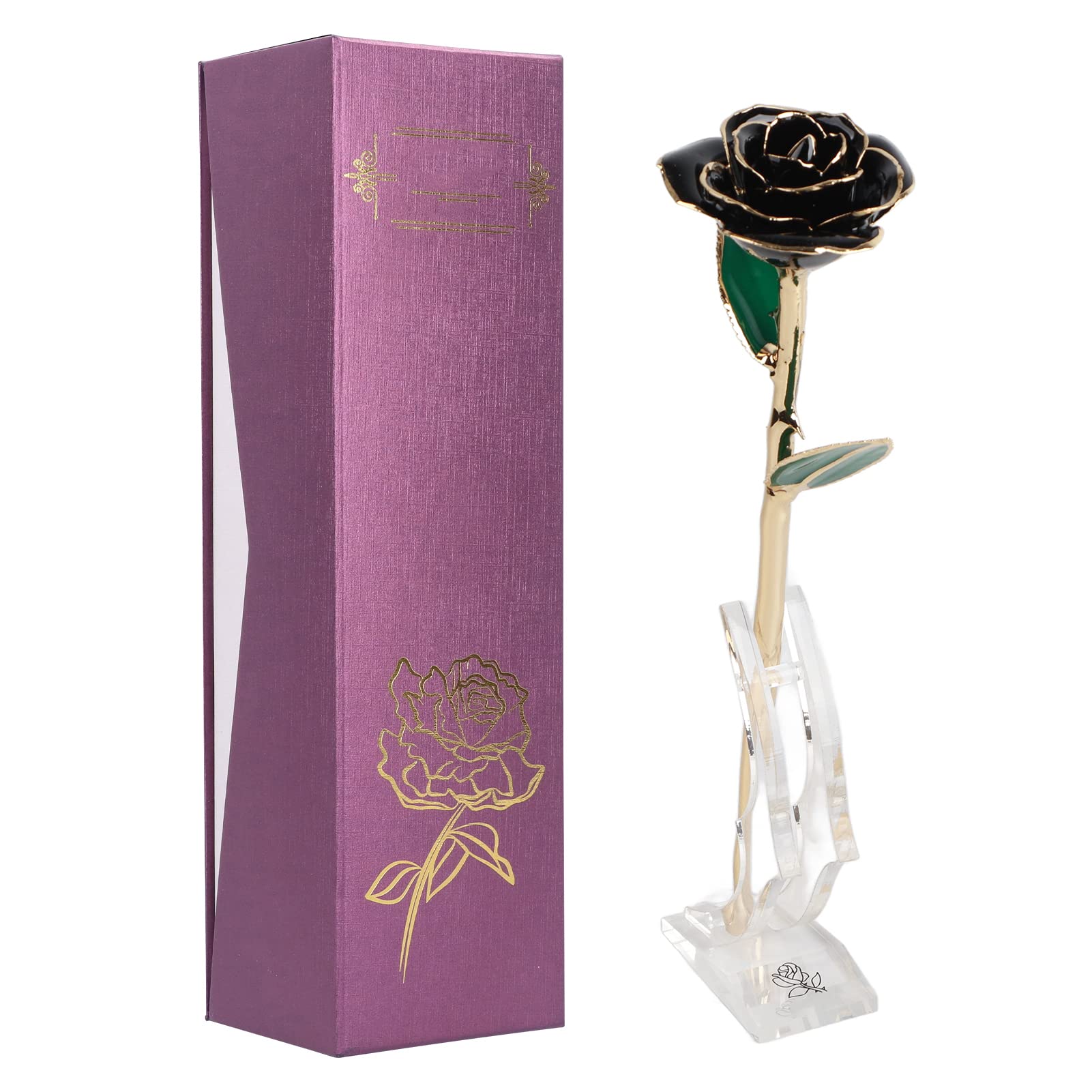 Fiore di Rosa Dorato 24K Splendido Regalo con Base in Resina Proteica Nera per Il Compleanno della Festa della Mamma