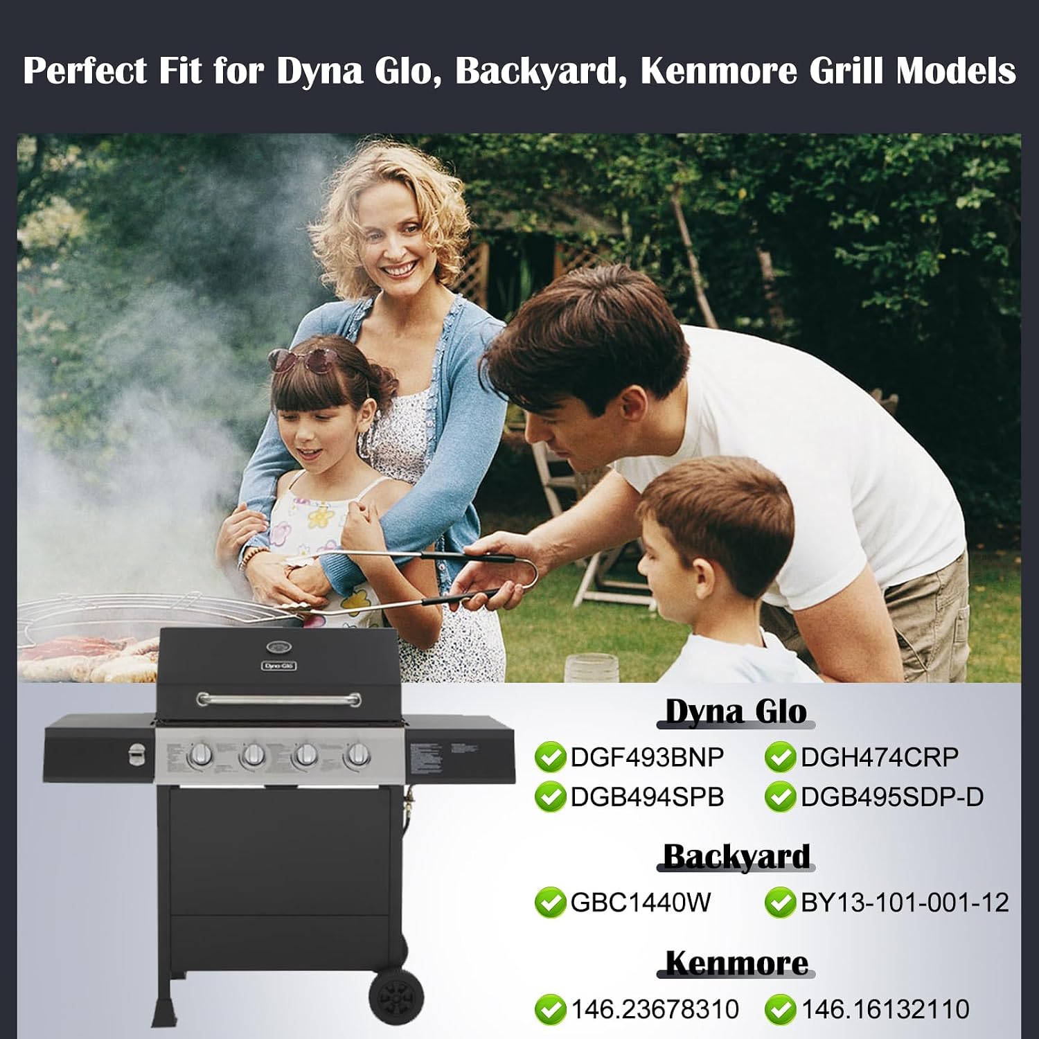 Hiorucet Grill Grates & Grease Tray Replacement Parts for Dyna Glo DGF493BNP, DGH474CRP, Backyard BY13-101-001-12, GBC1440W, Kenmore 146.23678310, Adjustable 24''-30'' Drip Pan, Grid Cooking Grates.
