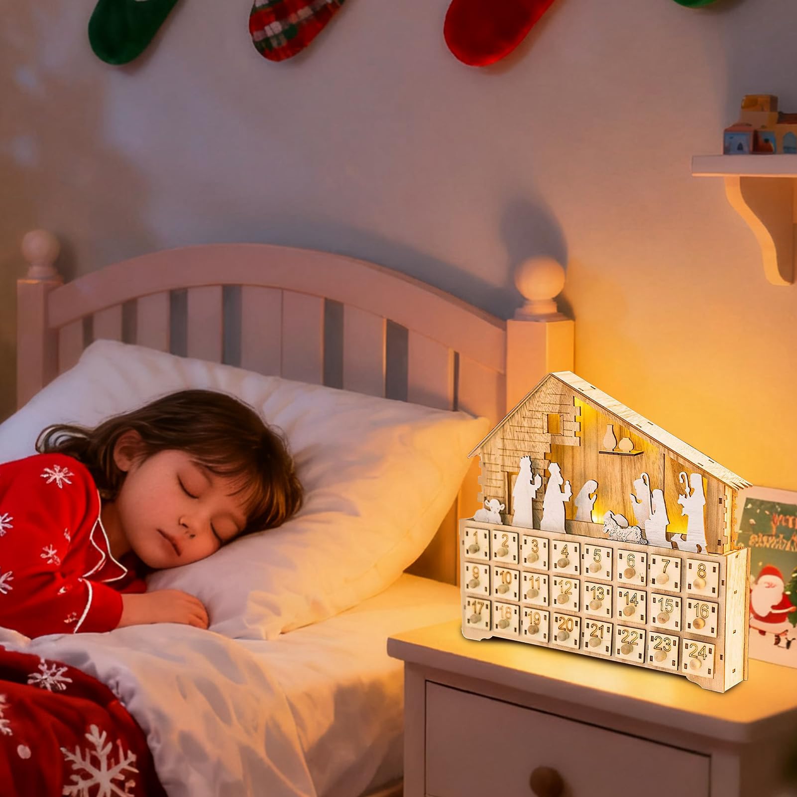 Haus Weihnachtskrippe, Advent, Weihnachtsdekoration, handgefertigt, aus christlichem Holz | Countdown LED-beleuchtete Schublade für den Innenbereich, für Feiertage für Kinder, Erwachsene, Weihnachtsdekoration, Krippe