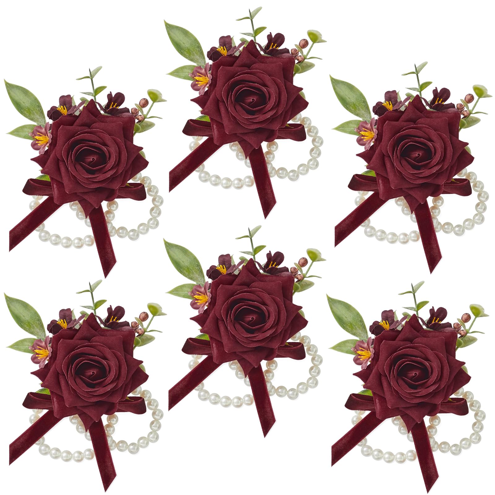 Alecono Wrist Corsage for Wedding, Set of 6, Burgundy Artificial Wrist Corsages for Wedding, Prom Party Bouquets Accessories Church