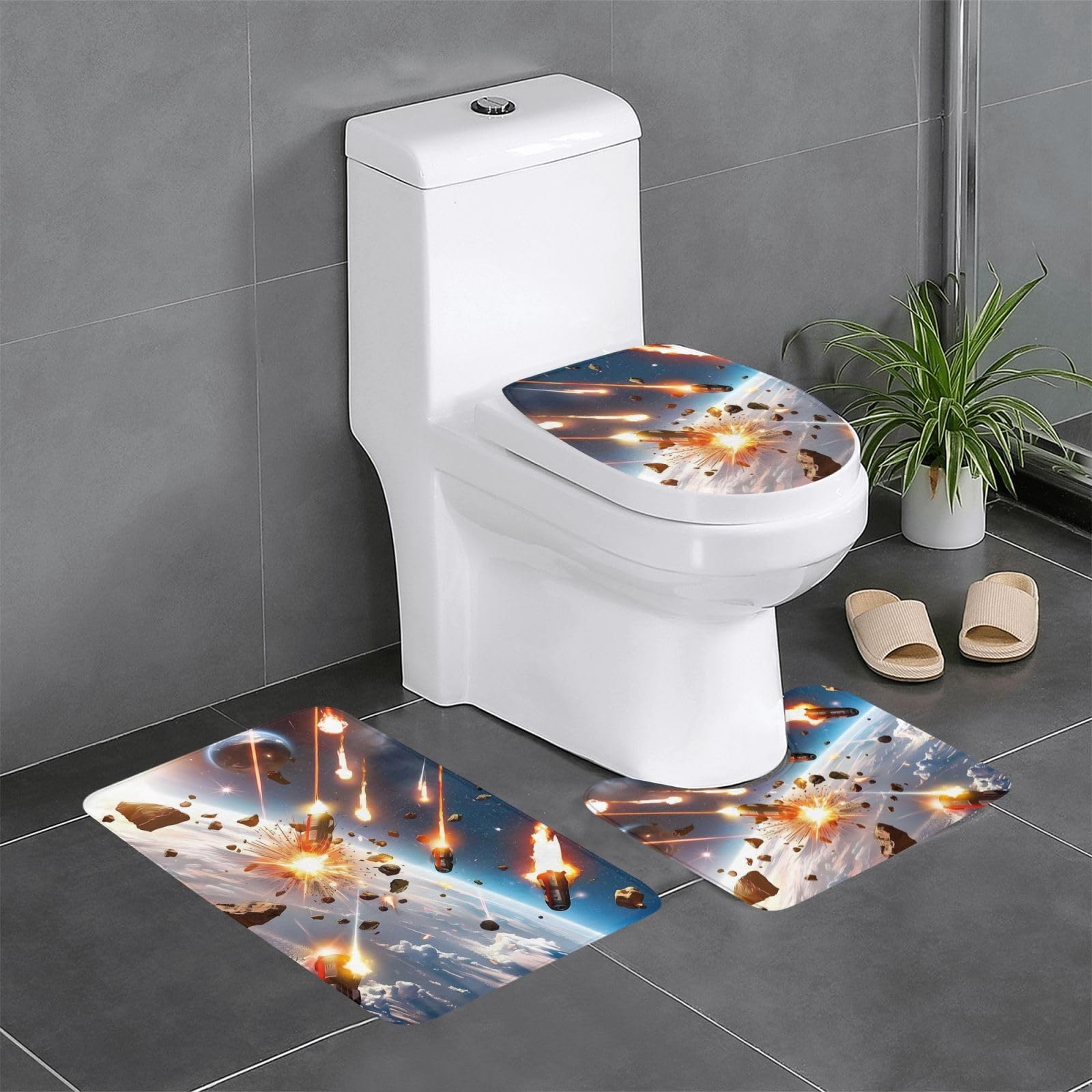 Tapis de salle de bain pour WC et coiffeuse au motif d'impact astéroïde
