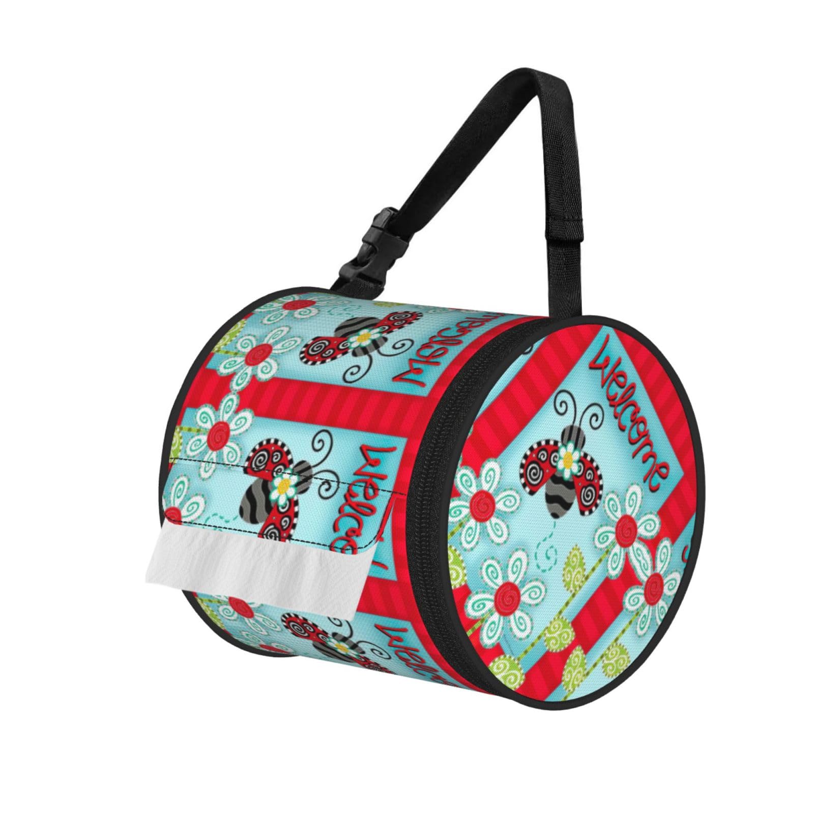 Ladybug Flower Printed Toilet Paper Holder Bag, Adjustable Strap Roll Paper Organizer for Car Kitchen Outdoor