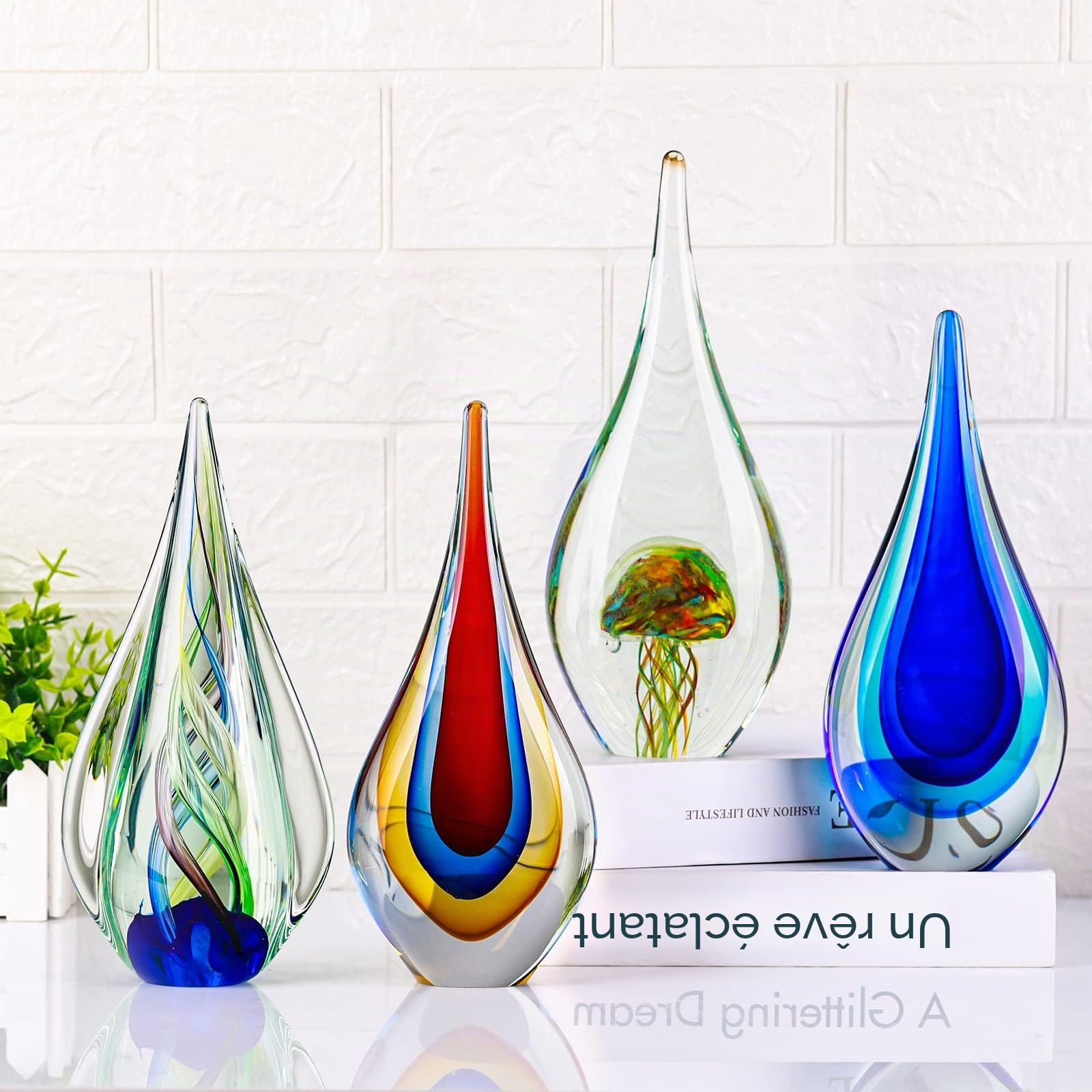 LCCCK Sculpture en Verre Soufflé de 23 cm - Art Abstrait - Statue de Vague de Mer - Décoration d'Intérieur