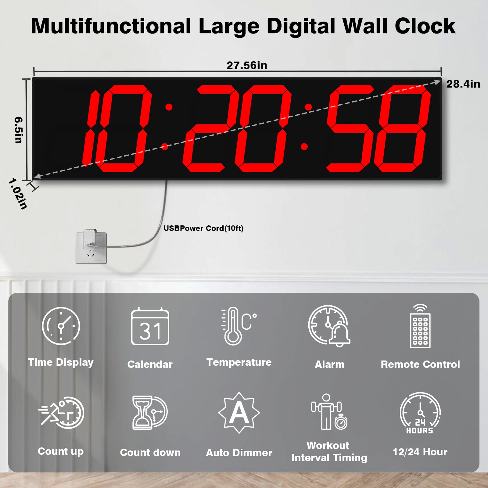 CHKOSDA Horloge murale numérique avec grand écran, 71,1 cm, LED à 6 chiffres avec luminosité réglable, horloge multifonction avec compte à rebours, chronomètre et intervalle d'entraînement (rouge)