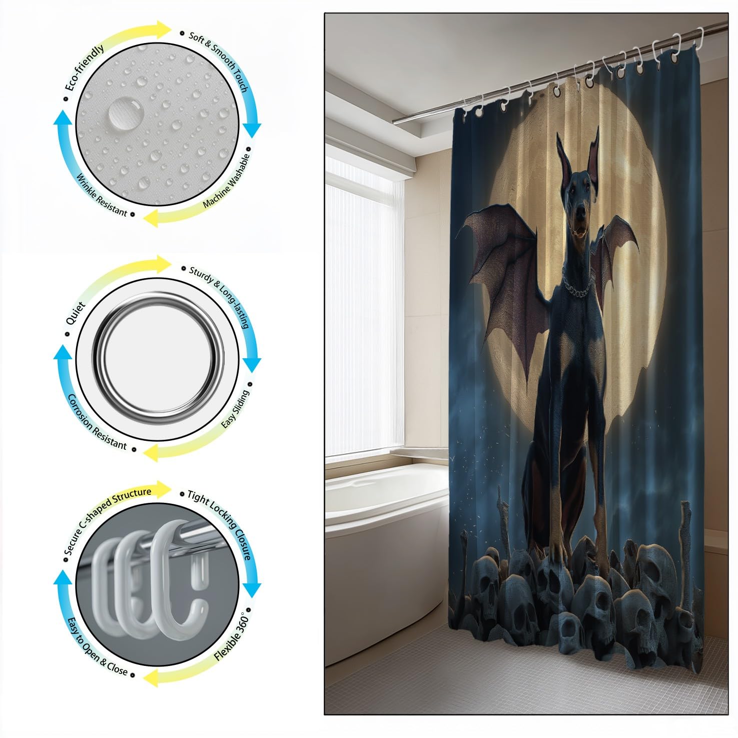 Genérico Zasłona prysznicowa 240 x 200 cm, 1 sztuka, miękka mikrofibra, wodoodporna i odporna na pleśń, zmywalna, do łazienki lub wanny, z oczkami i haczykami, węgiel drzewny, Fantastyczne skrzydła
