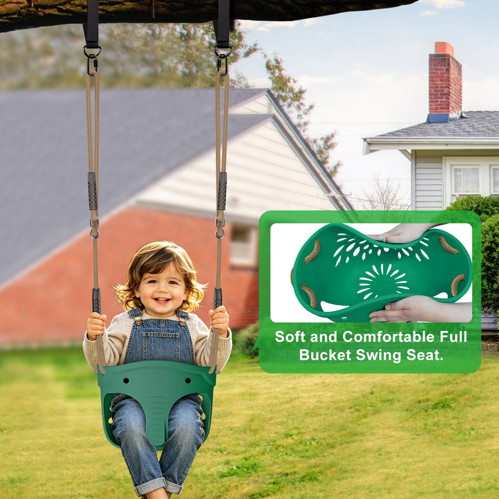 BeneLabel 2 asientos de columpio, cubo de plástico suave para niños, columpios para interiores y exteriores, árbol para niños, tabla de columpio dura con respaldo alto ajustable de 130 a 200 cm