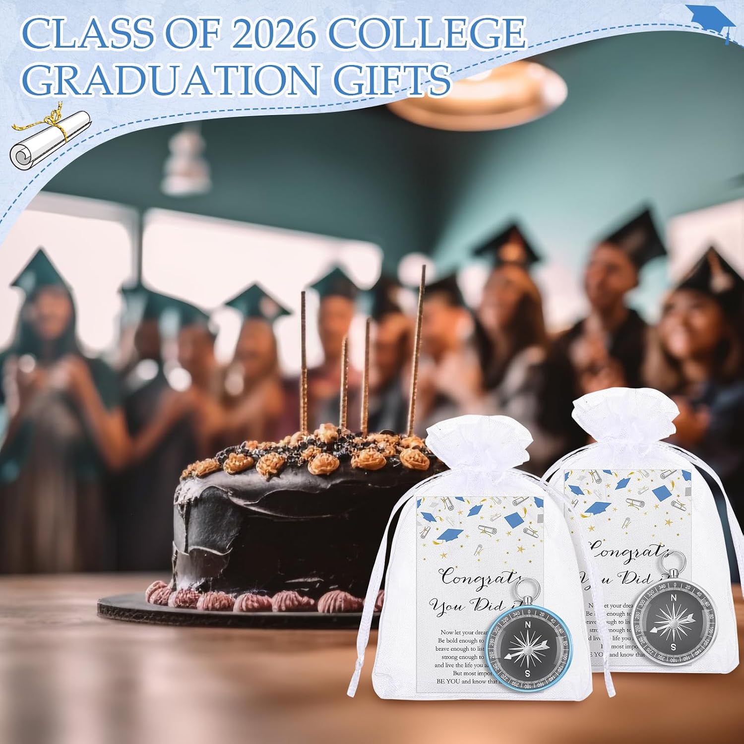 Beeveer 25 Sets Class of 2026 Graduation Gifts Pocket Compass Keychain Inspirational Cards Organza Bags You Did It College Grad Party Favor for Student Friend Graduation Gift