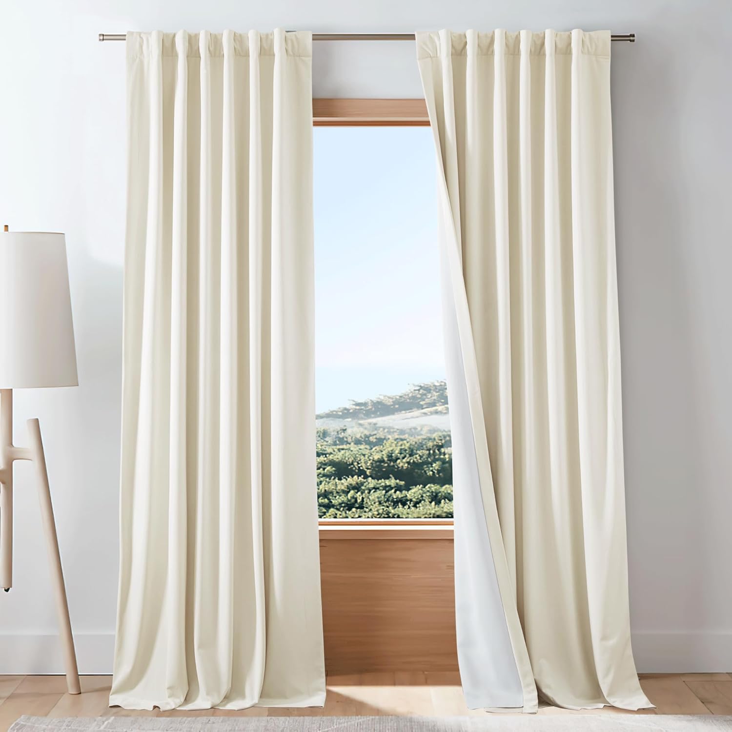 NICETOWN Ivory White Thick Living Room Velvet Room Warming Curtain 84 inches Long, 1 Panel Rod Pocket/Back Tab/Hook Belt Room Darkening Thermal Insulated Window Drape for Sliding Door, W48 x L84