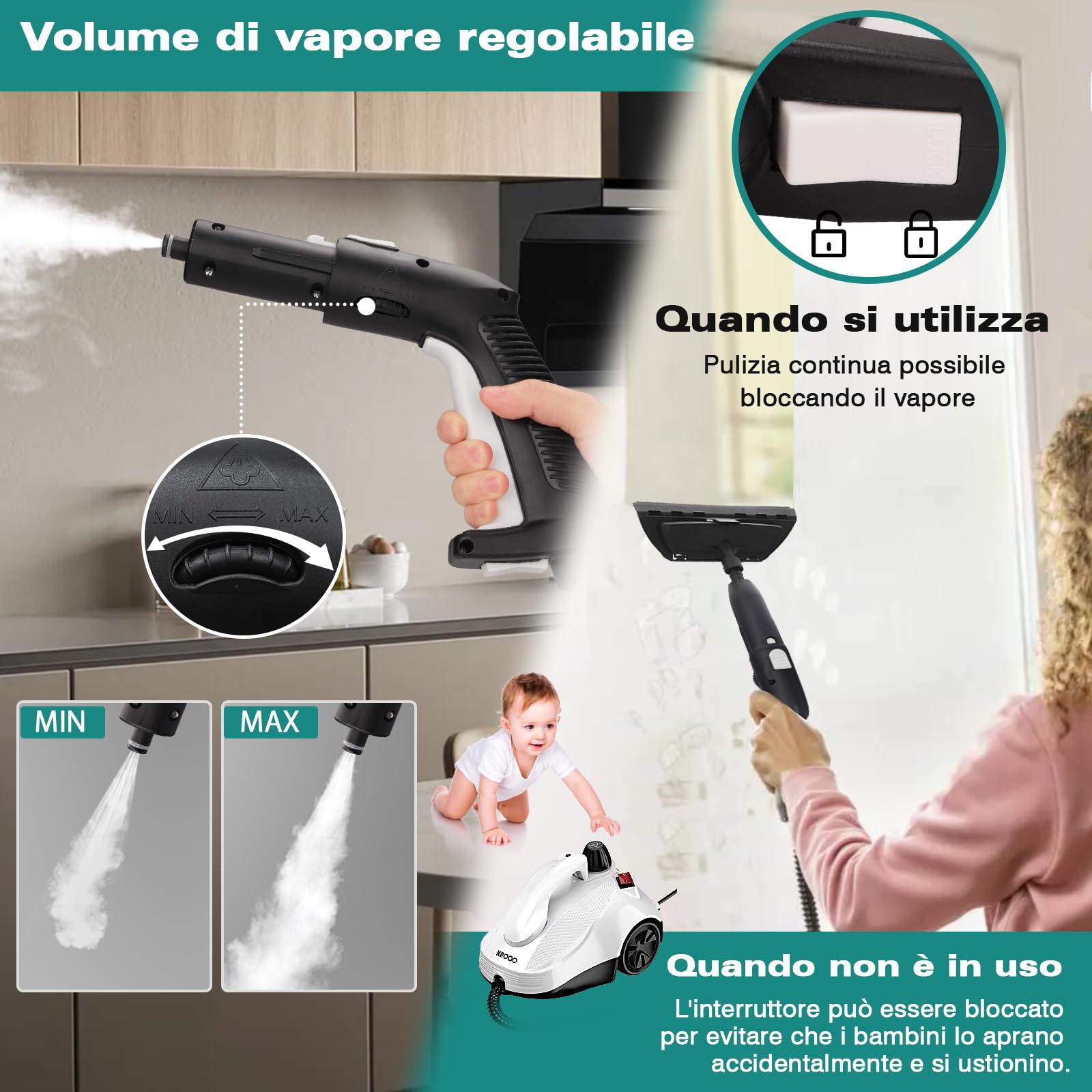 KROQO Pulitore a vapore, multiuso a vapore, pulitore a vapore per tutto con accessori 23, rimozione di carta da parati, pavimenti, tappeti, divani, mobili imbottiti, auto, piastrelle, tappezzeria,