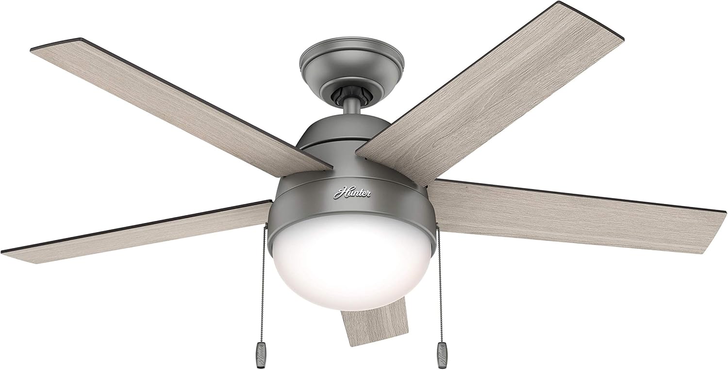 Hunter 46 inch Indoor Ceiling Fan with LED Light - Ceiling Fan with Pull Chain, For Bedroom, Living Room, or Kitchen, Standard Mount, No Remote, 5 Blades - Anslee 59267, Matte Silver
