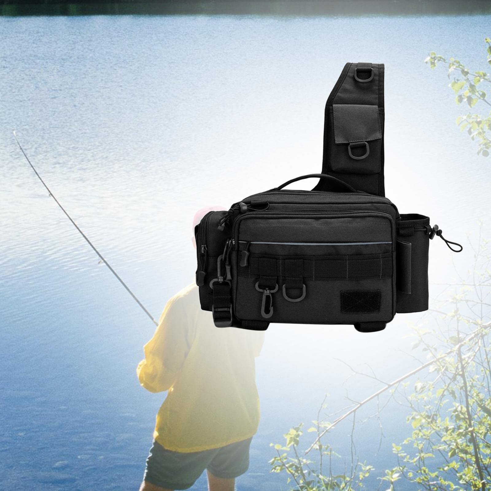Zaino da Pesca, Borsa Portaoggetti Tattica da Cintura, Tracolla Imbottita E Traspirante, Porta Canna da Pesca, Tessuto in Nylon 600D, Adatto per Viagg