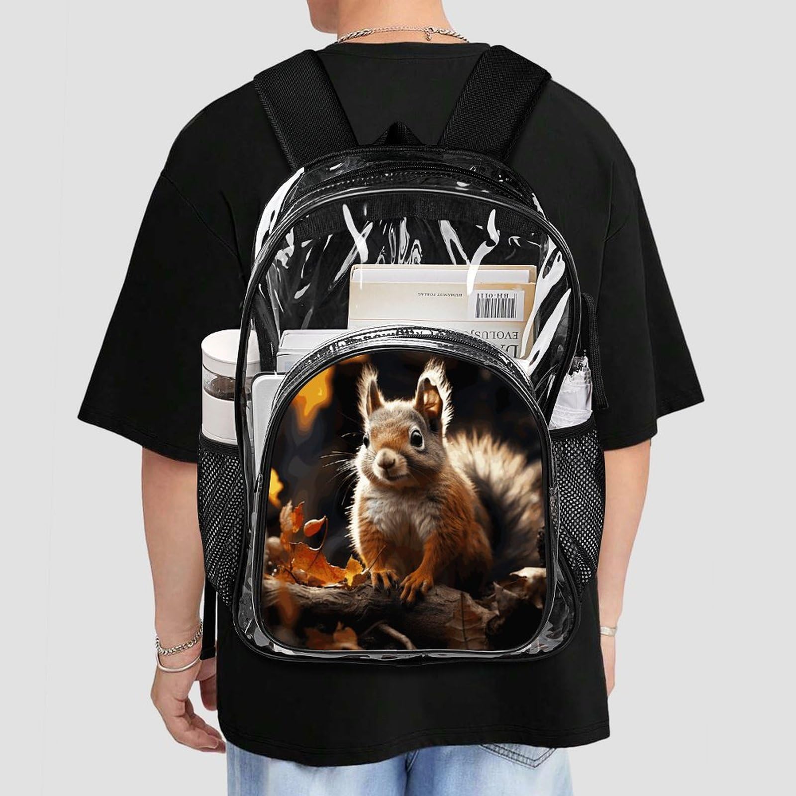 Squirrel in The Woods Transparenter Rucksack, groß, transparent, PVC, Büchertasche für Sicherheit, Arbeit, Reisen, Stadion