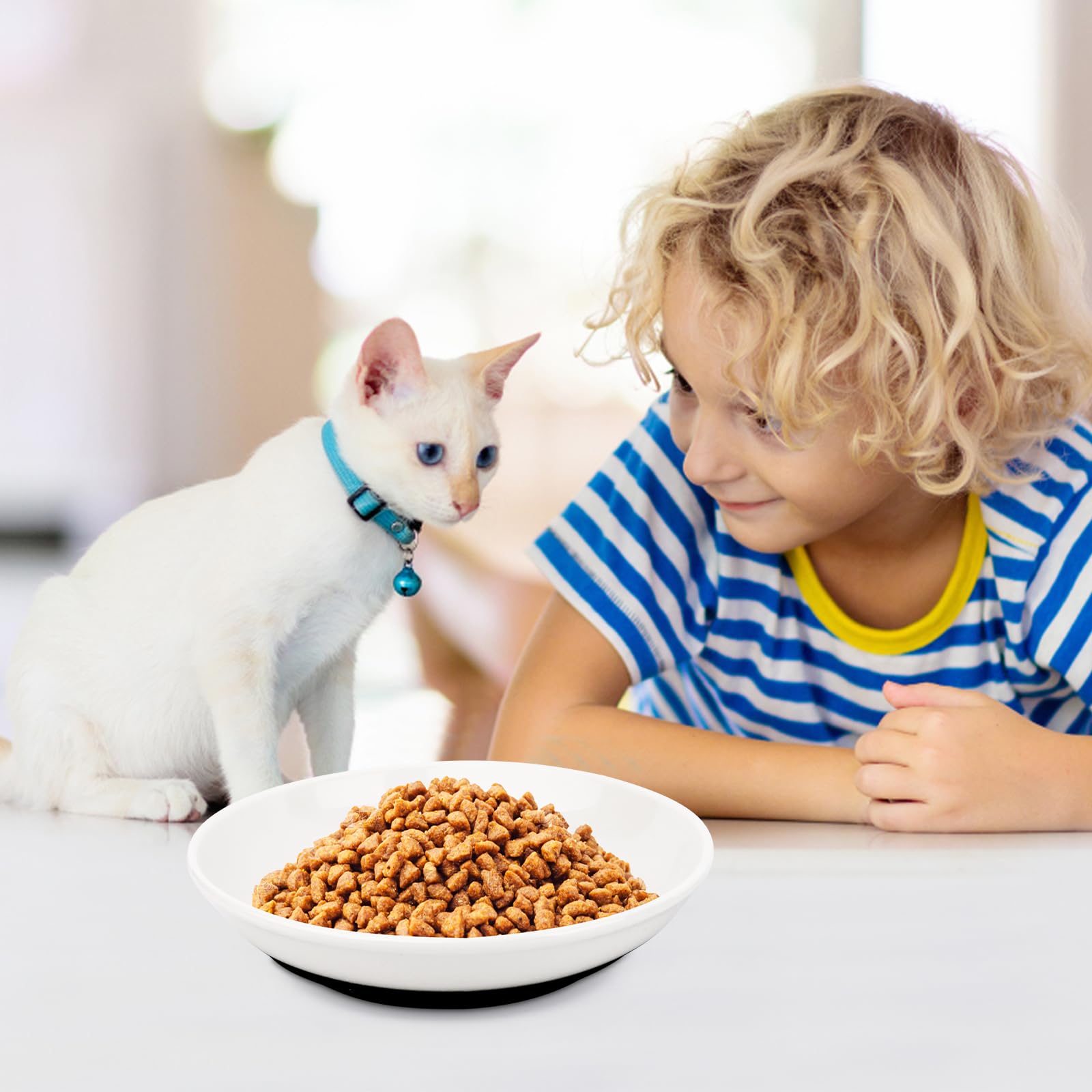 Set di 3 ciotole per gatti, in ceramica, con fondo in silicone antiscivolo, per gatti, piatta, allevia l'affaticamento dei baffi, per cibo e acqua, per gatti