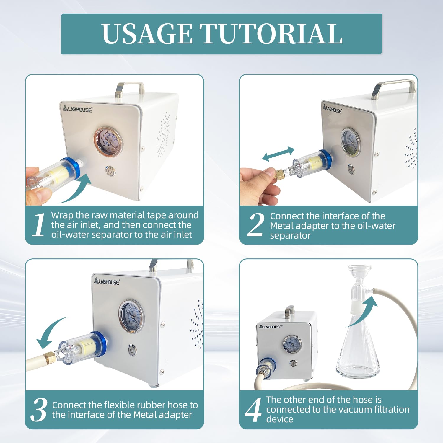 Bomba de vacío de laboratorio de diafragma VP-10E, sin aceite, presión negativa de 10 l/min para filtración de vacío, incluye separador de agua y tubo de goma