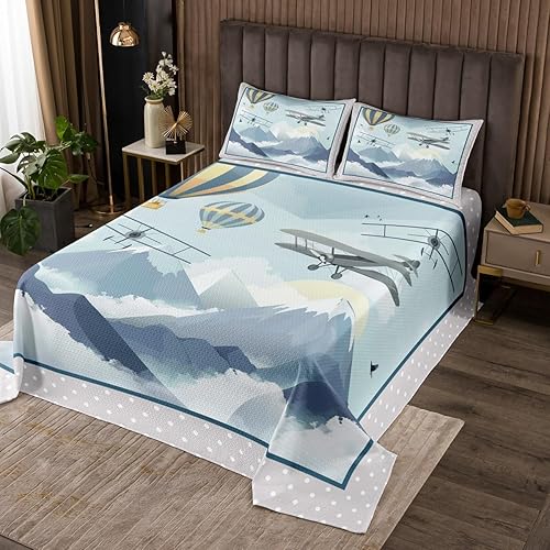 Miniatura 2 de Juego de edredón de dibujos animados de avión para niños, tamaño individual, lindo juego de ropa de cama de avión para niños y adolescentes,