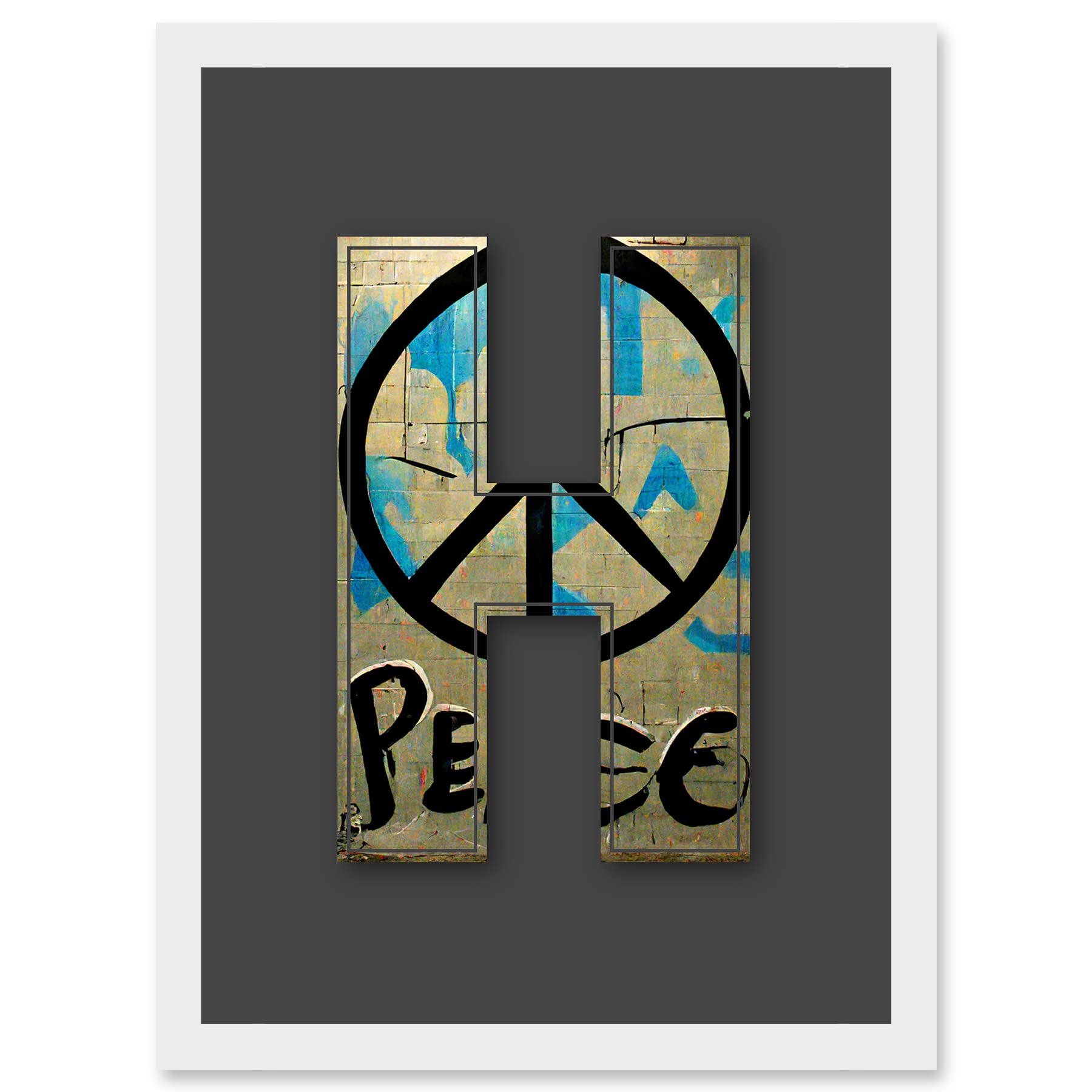 Wee Blue Coo Letter H Peace Sign Beige Black Decorative Graffiti Mural Alphabet Initial Stencil Artwork Framed Wall Art Print A4