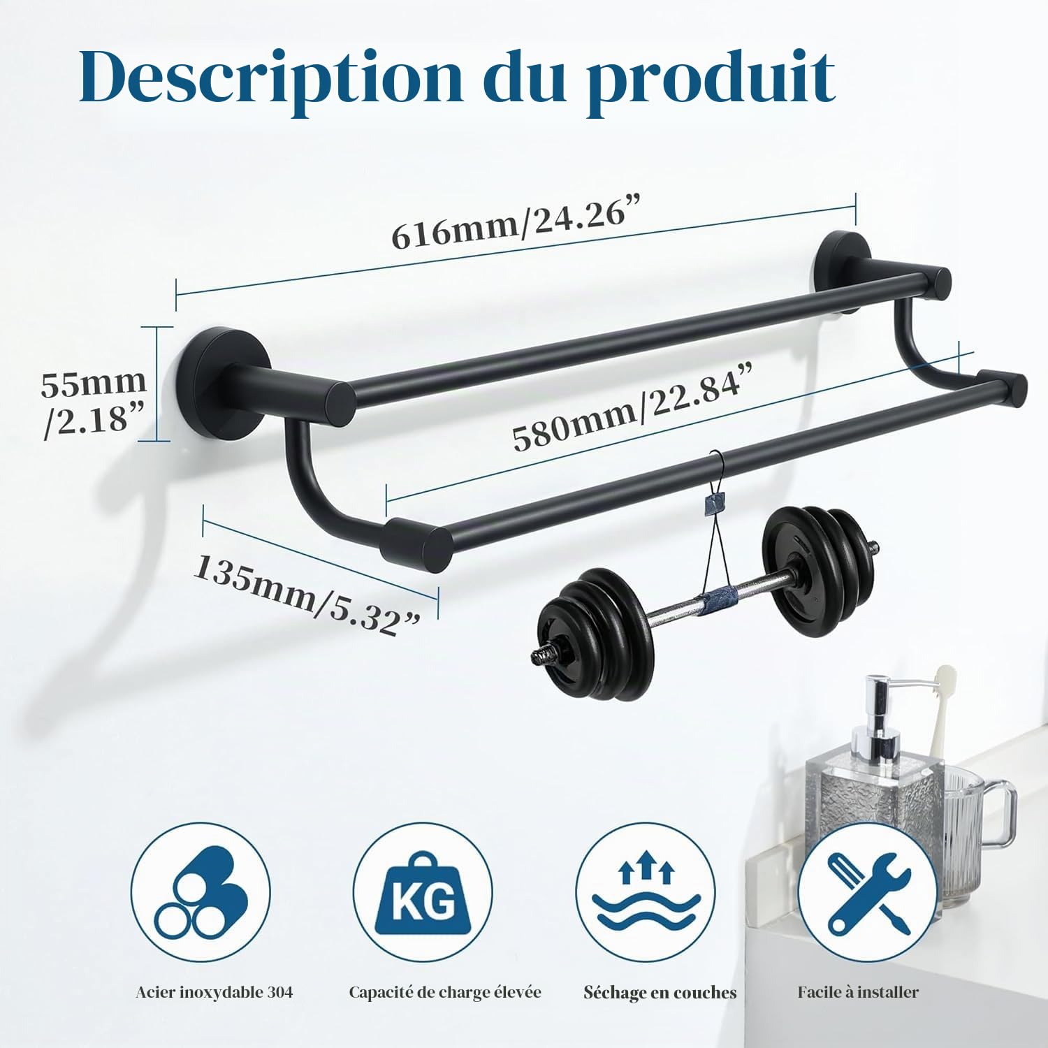 Mooche Porte Serviette Mural 61.6 CM, Support Serviette SUS304