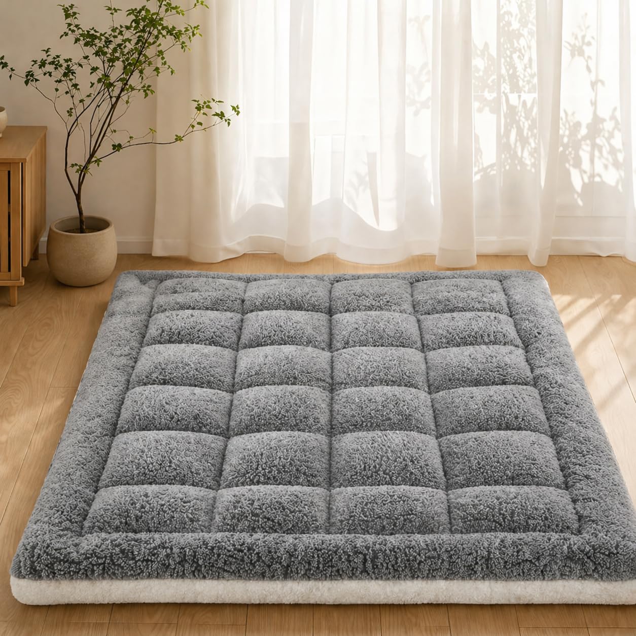 Cymula California King Futon Mattress Topper, Sherpa Mattress Pad for Cal King Bed with 900GSM Down Extra Thick Mattress Cover Pillow Top with 8-21" Pockets, Grey