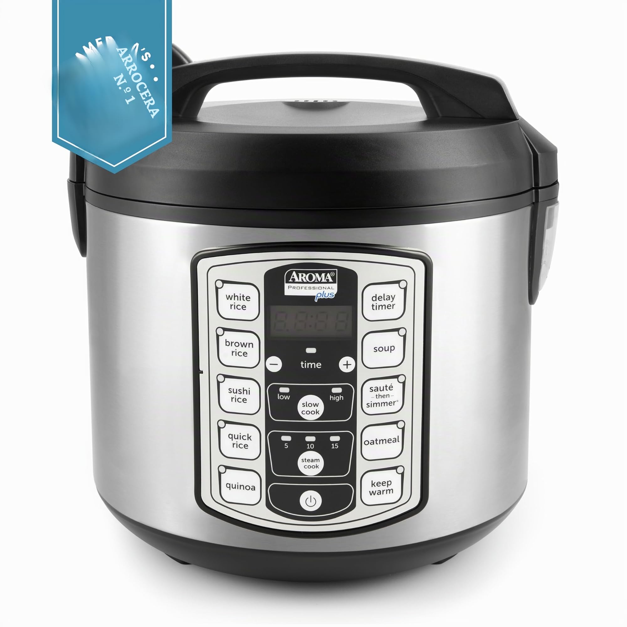 Aroma Housewares ARC-5000SB Digital Rice, Food Steamer, Slow, Grain Cooker, Stainless Exterior/Nonstick Pot, 10-cup uncooked/20-cup cooked/4QT, Silver, Black