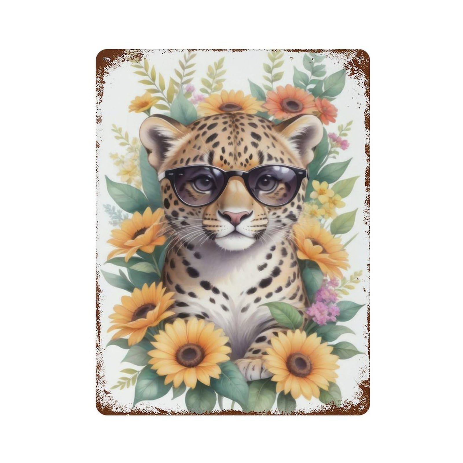 Cute Watercolor Leopard 15.7"x11.8" Aged Metal Wall Plaque, Novelty Wall Decor for Garage, Bar And Workshop Decor