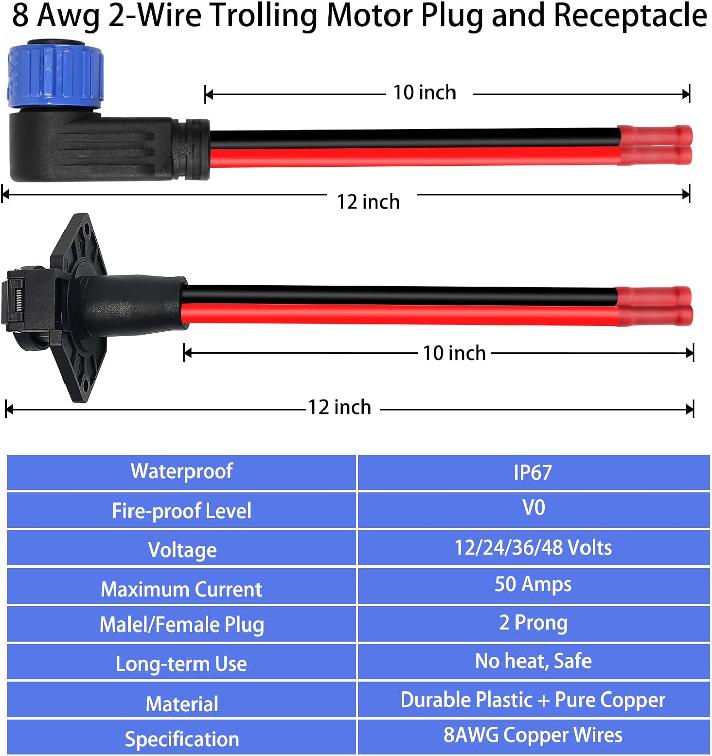 Trolling Motor Plugs for Minn Kota,50A Trolling Motor Plug Receptacle Set for Marine Boat Down Rigger Fishing Reel,2-Wire 8 Gauge Male & Female Watertight Quick Connect 12V/24V/36V/48V