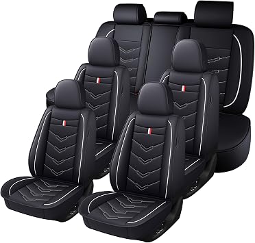 Car Seat Cover 7 Seats for Cadillac Escalade ESV 2003-2026, Durable Wear Resistant Waterproof Vehicle Cushion Cover, Breathable No Odor Premium Leather Vehicle Seat Covers.Standard,Black White