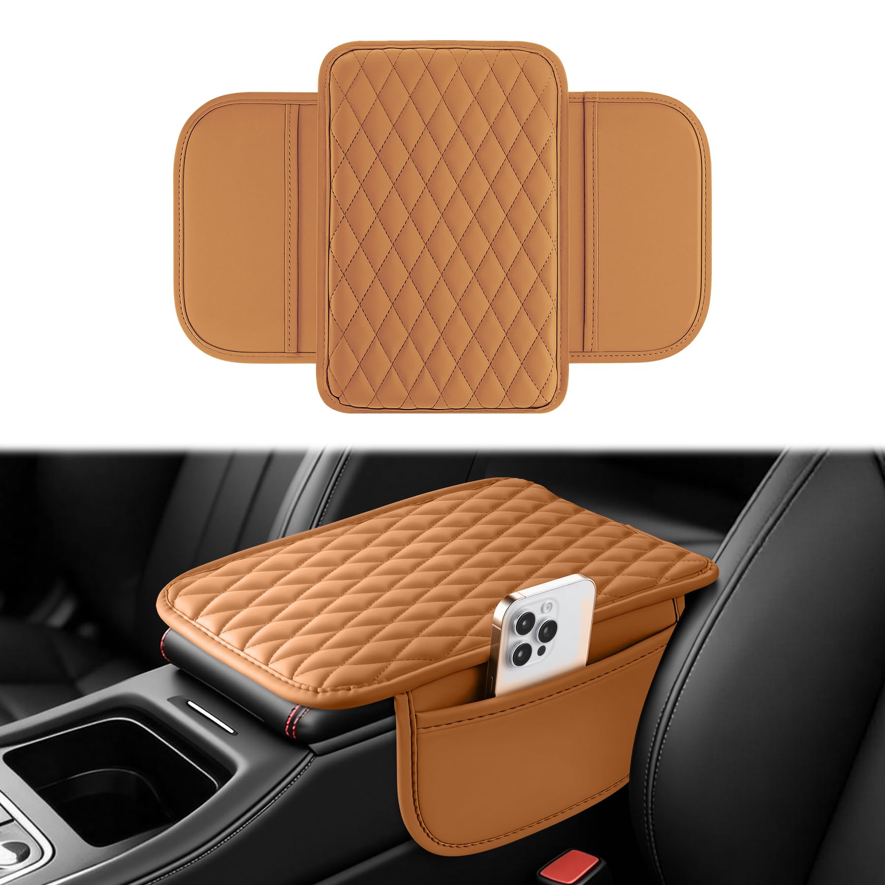Amiss Car Center Console Cover, Upgraded Leather Car Armrest Cushion with 2 Storage Pockets, Universal Waterproof Cushion Pad, Non-Slip Car Interior Accessories, Fits Most Sedans SUVs Trucks (Orange) orange Leather