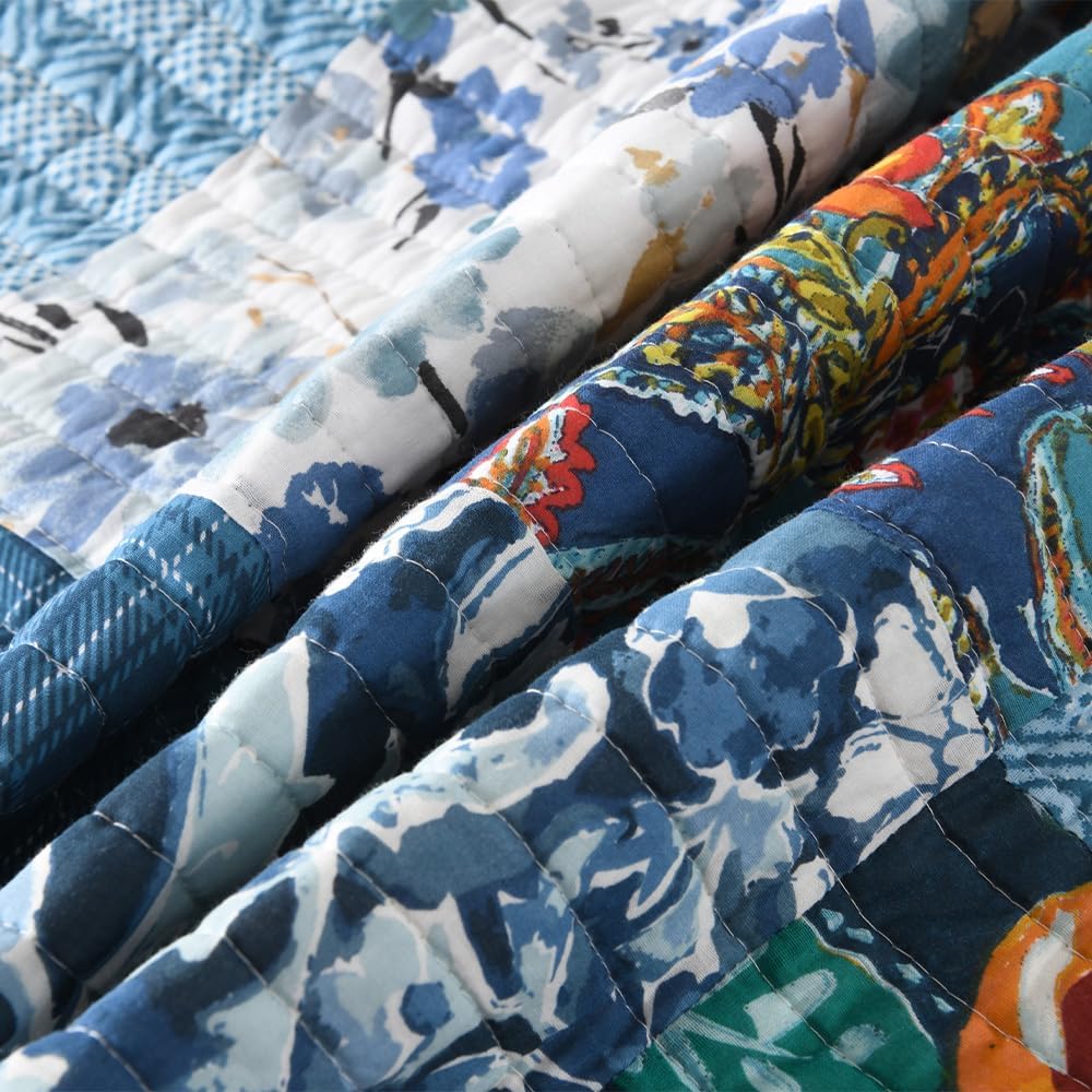 Autumn Dream Cotton Bedspread Quilt Sets Reversible Bedding Coverlet Sets, Luxury Vintage Paisley Floral Patchwork Blue Bedspread, Queen Size - Image 8