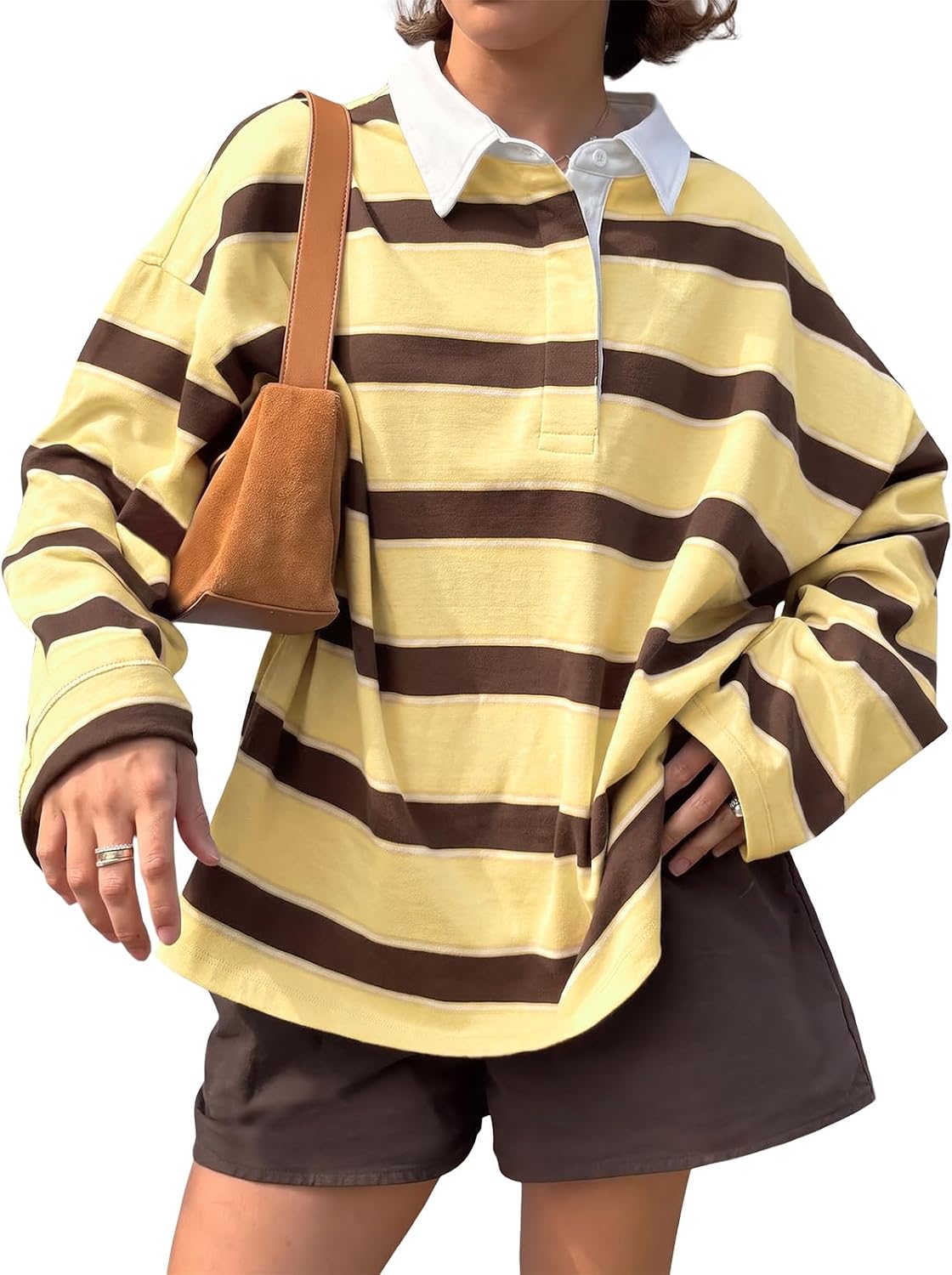 Tankaneo Womens Oversized Striped Long Sleeve Polo Shirts Fall Tops 2026