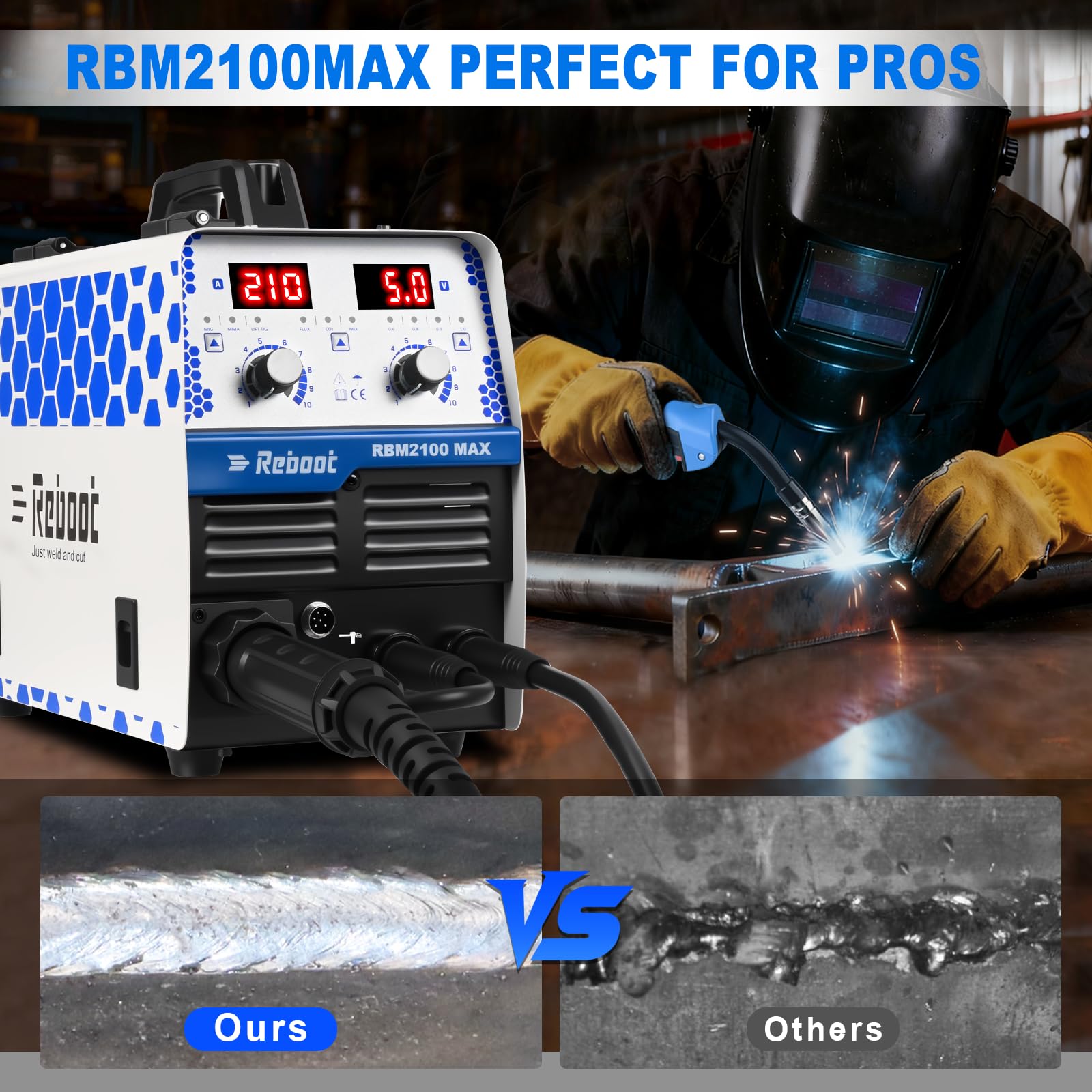 Reboot Saldatrice 6 in 1 210A MIG MAG con/senza Gas Sinergica, MMA, Lift TIG, Alluminio – IGBT Inverter – 230V Display LED – RBM2100 MAX