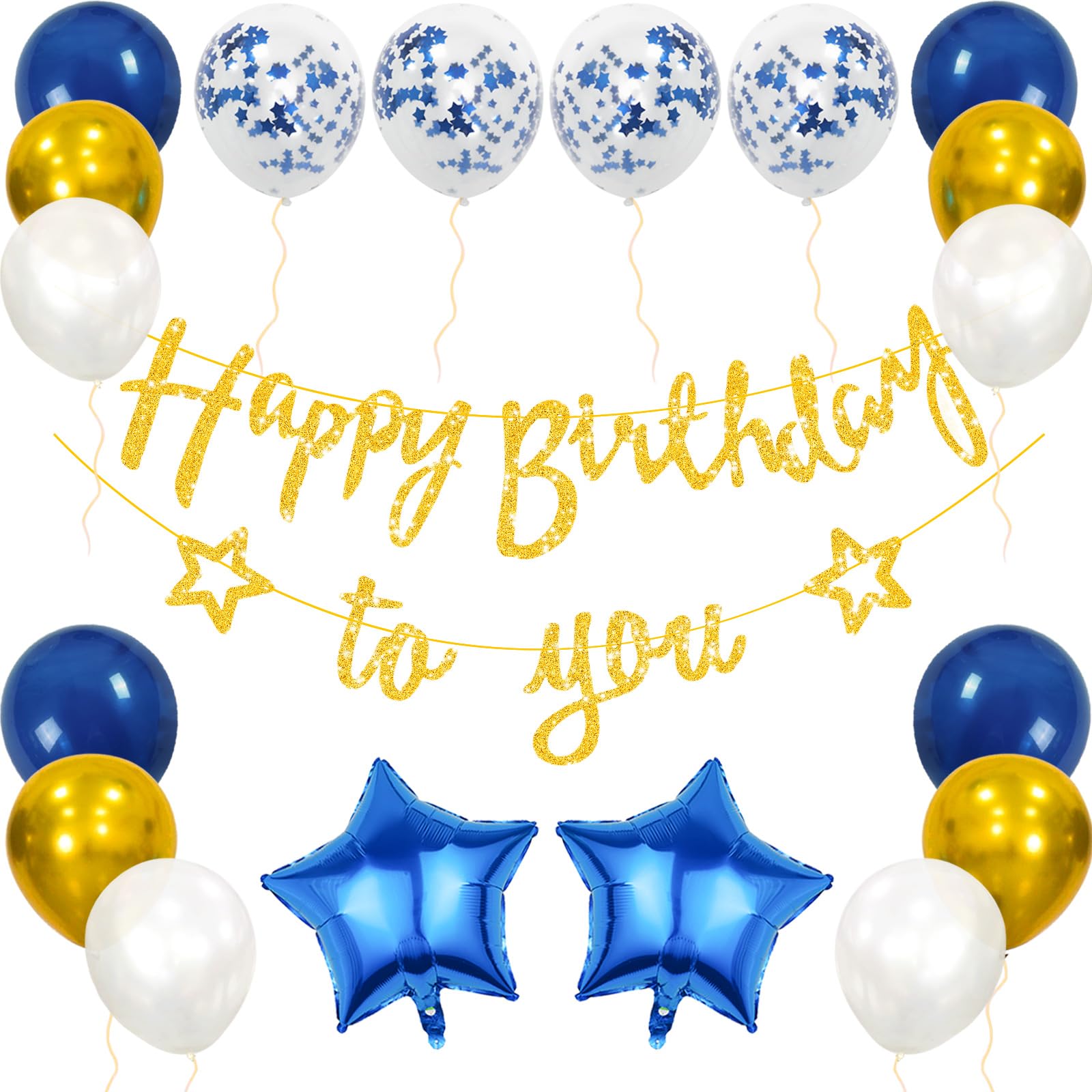 iPartycool Navy Blue Gold Birthday Decorations, Happy Birthday to You Banner with Stars, 3D Foil Big Star Confetti Metallic Balloons for Kids Girls Boys Men Women Adults Ecofriendly Party Supplies