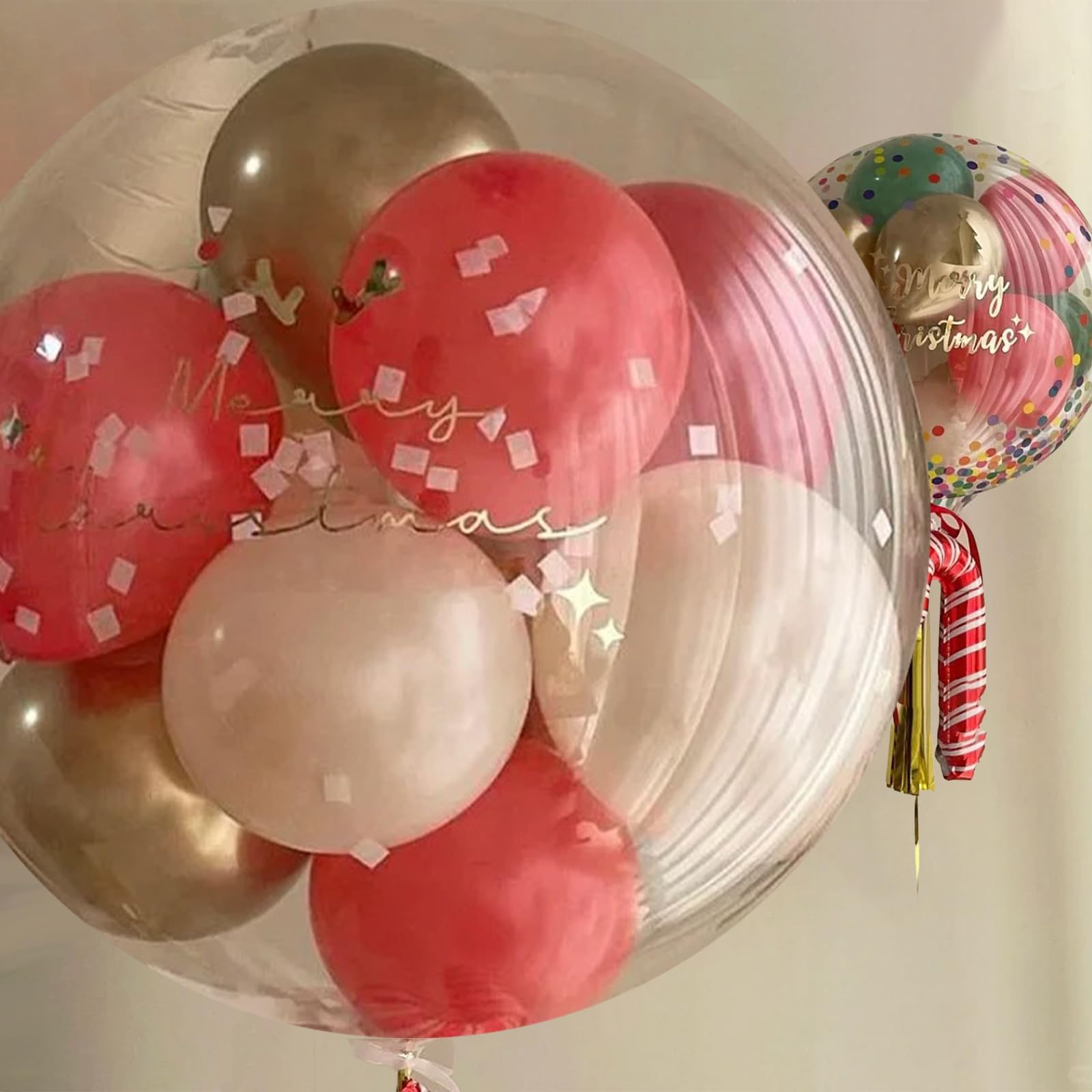 48 Inch 6 Pcs Clear Bubble Balloons - Red, Pink, White; Large Party Balloons; Wedding, Christmas; Unisex-Adults