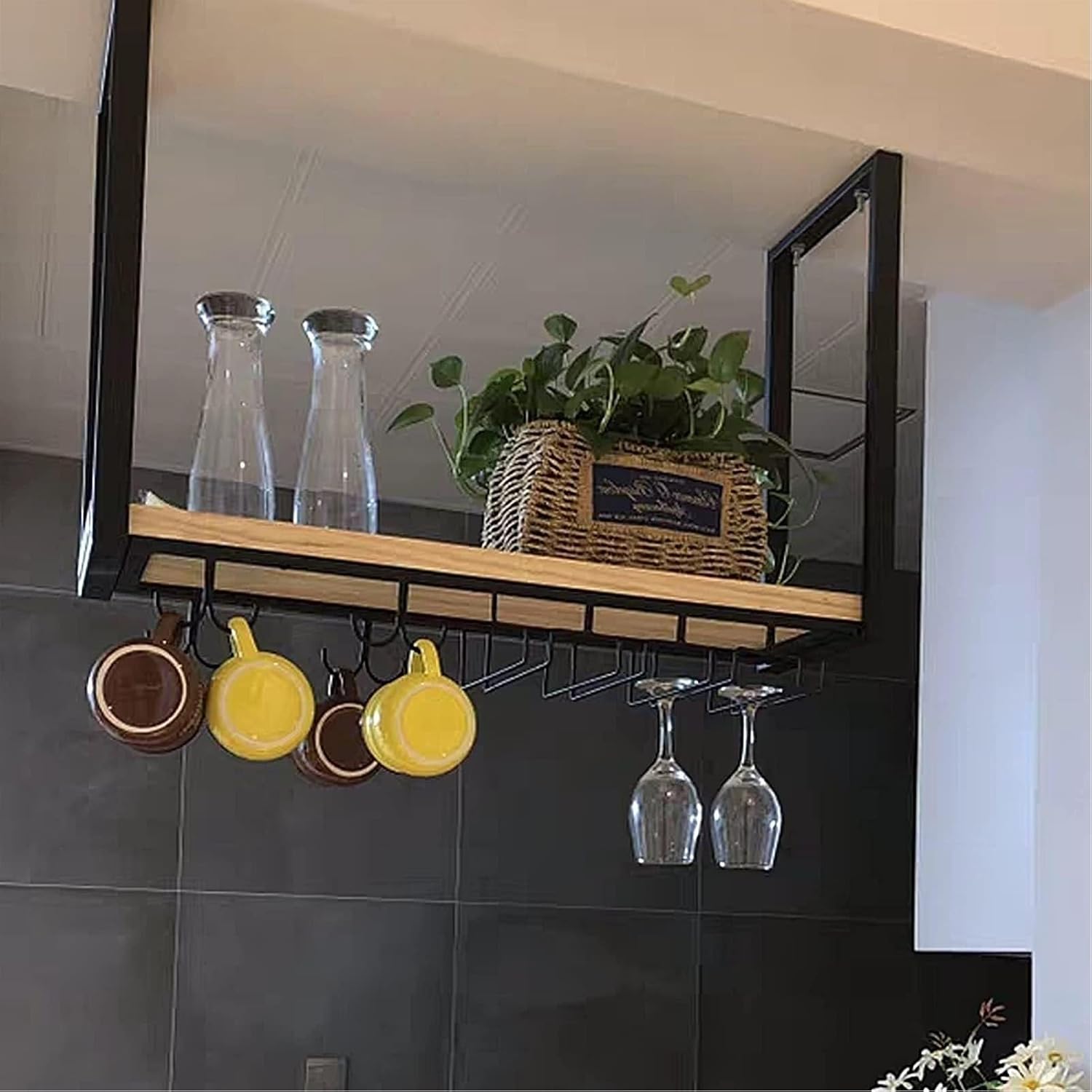 Hanging Solid Wood Shelf Wine Rack, Ceiling Floating Shelves, Hanging Bottle Rack, Nordic Iron Solid Wood Ceiling Shelf, Ceiling Mounted Storage Shelf, Bar Restaurant Decorative Flower Stand ( Size :