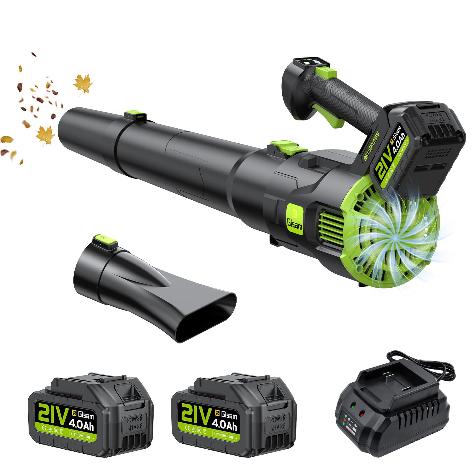 Soffiatore a Batteria, Gisam Soffiatore Elettrico Senza Spazzole con 2x4.0Ah Batterie, Soffiatore Foglie 2 Velocità+Turbo Modalità Max 25000RPM, Volume d'aria 750m³/h per Giardino