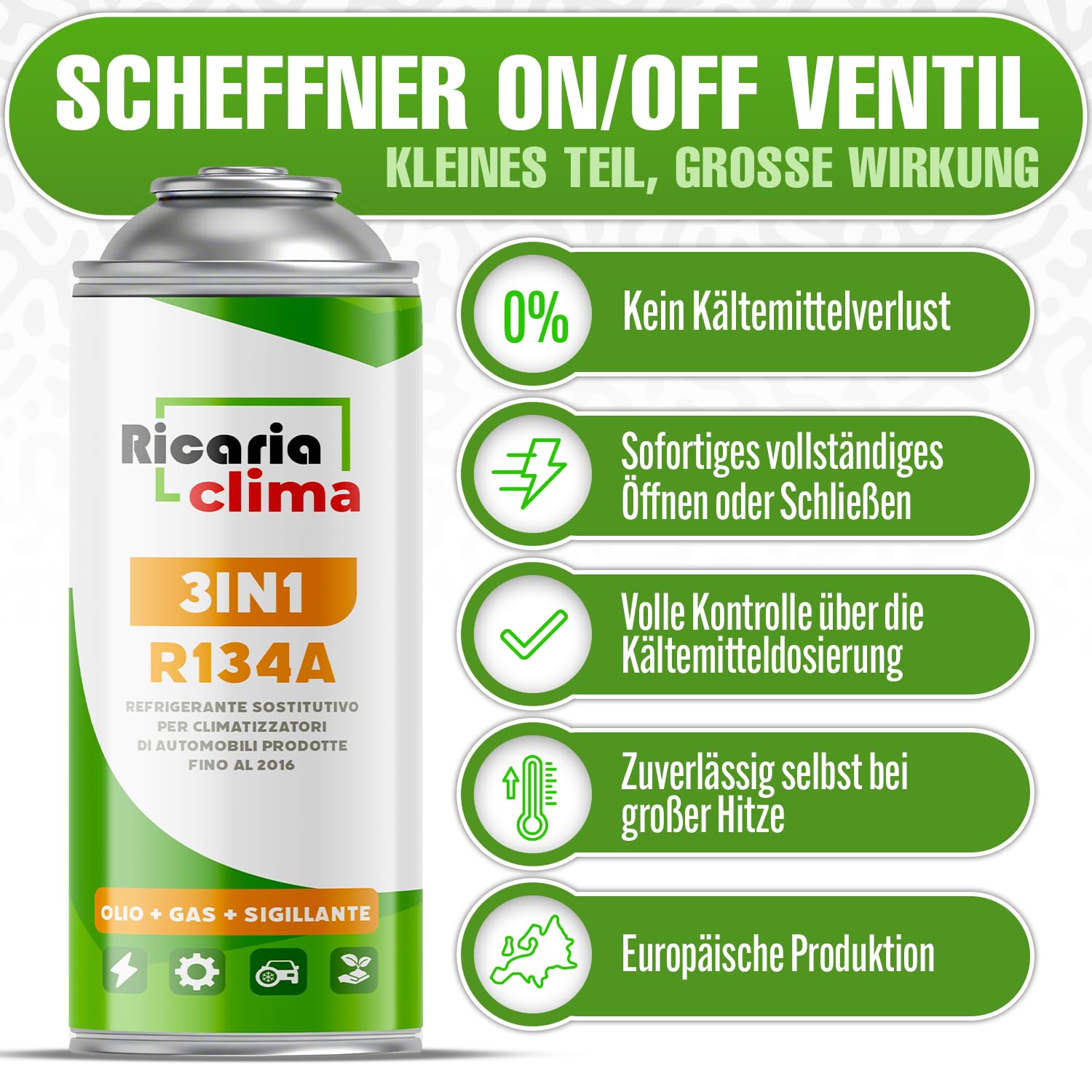 3in1 R134a Kältemittel Ersatzgas + Schlauch – Kühlmittel Klima Auto mit Klima Dichtmittel und Öl – Gasflasche 2x235 g – Auto Klimaanlage Nachfüllset – Klimaanlage Wohnmobil – ECO